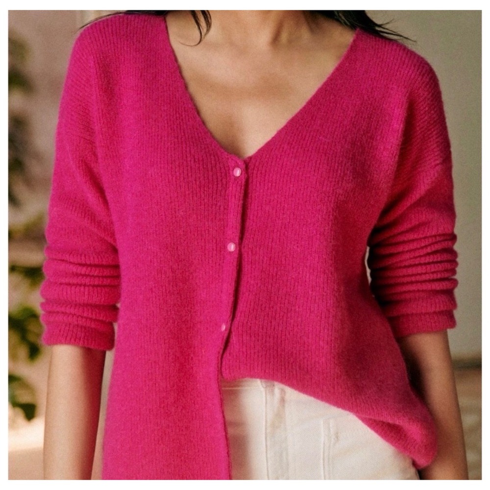 Sezane Barry Cardigan Size Small Fuschia Pink Mohair Alpaca Blend V Neck Sweater - Picture 2 of 9